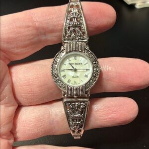 Times square vintage quartz marcasite mother of pearl face Silver Women's Watch